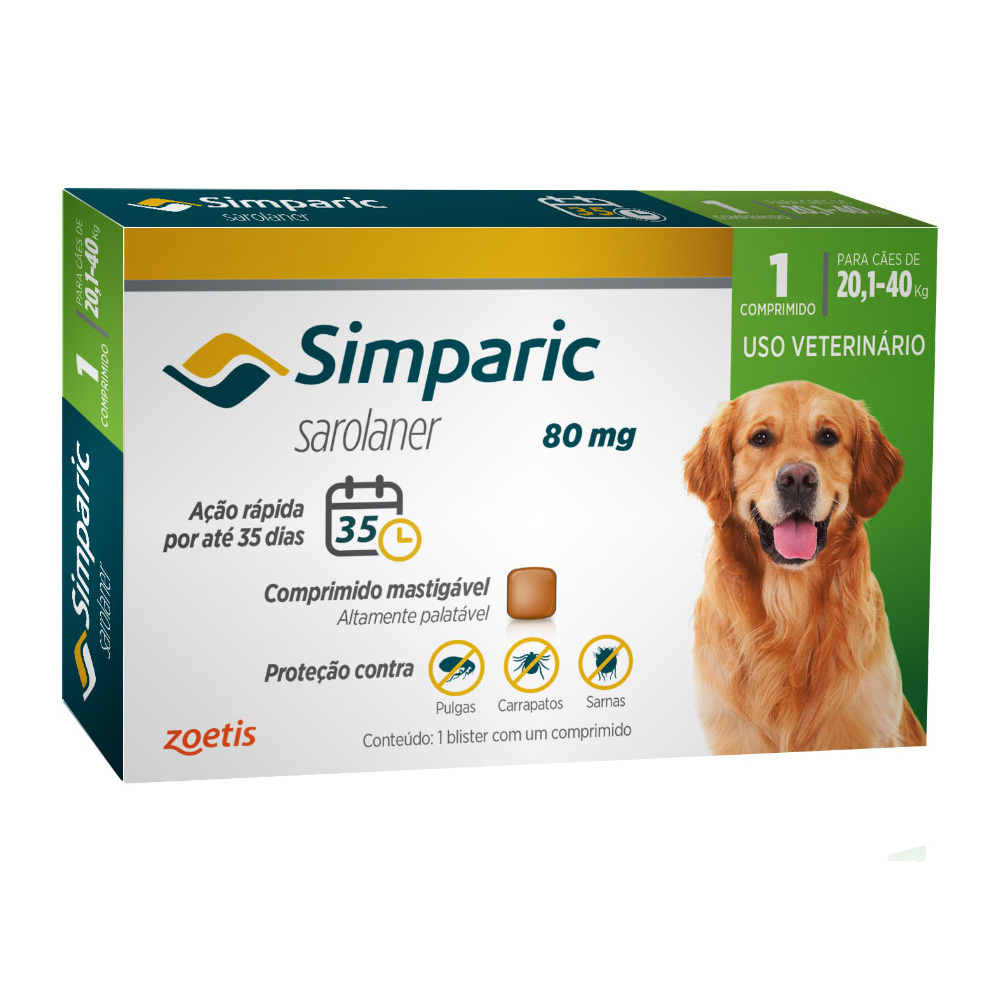 Antipulgas Simparic 80 mg para cães 20,1 a 40 kg - Zoetis